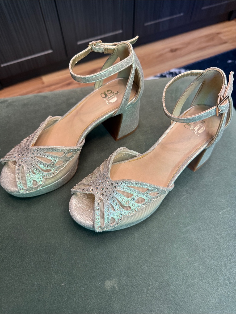 Gianni Bini Gold Glitter Open-Toe Ankle-Strap Block Heels